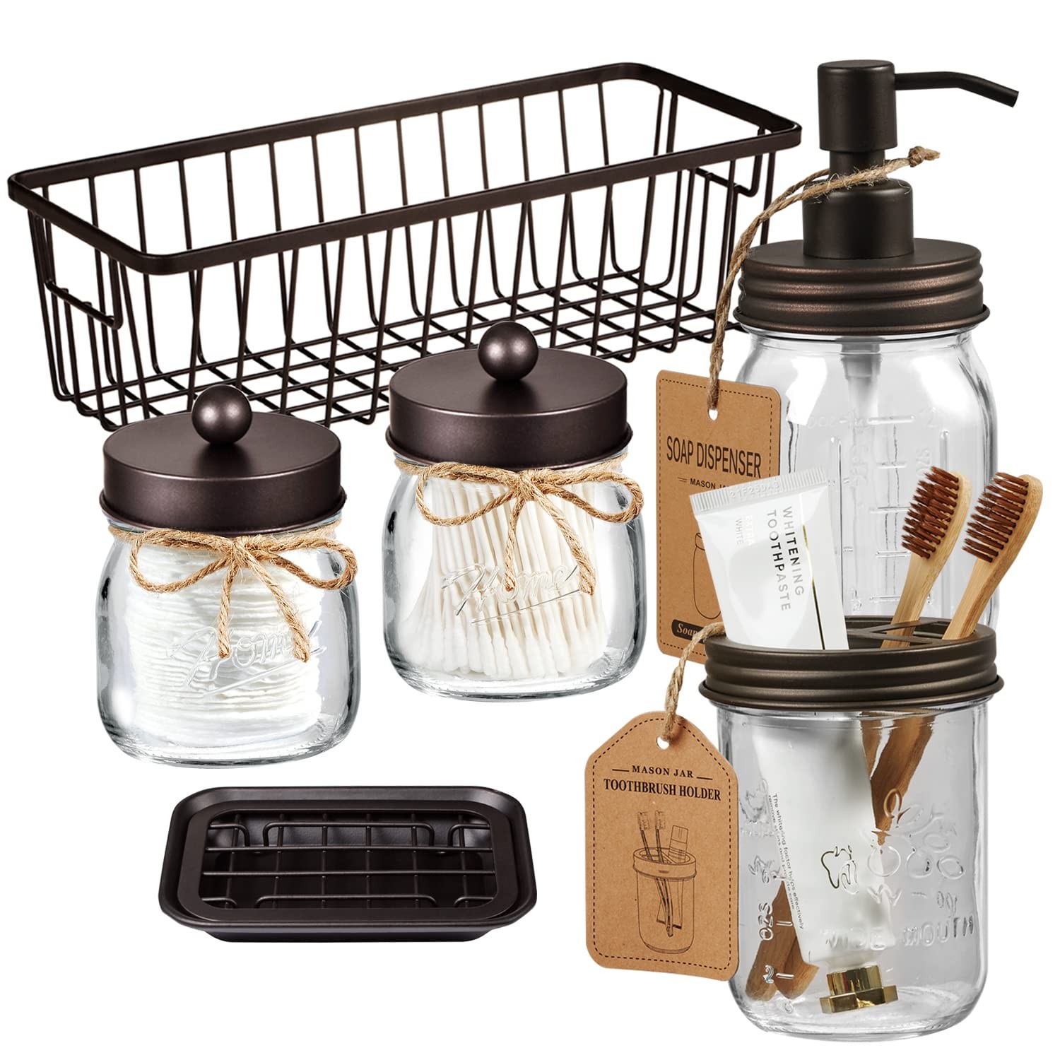 6Pcs Mason Jars Bathroom Set Complete - Toothbrush Holder, Lotion Soap Dispen...