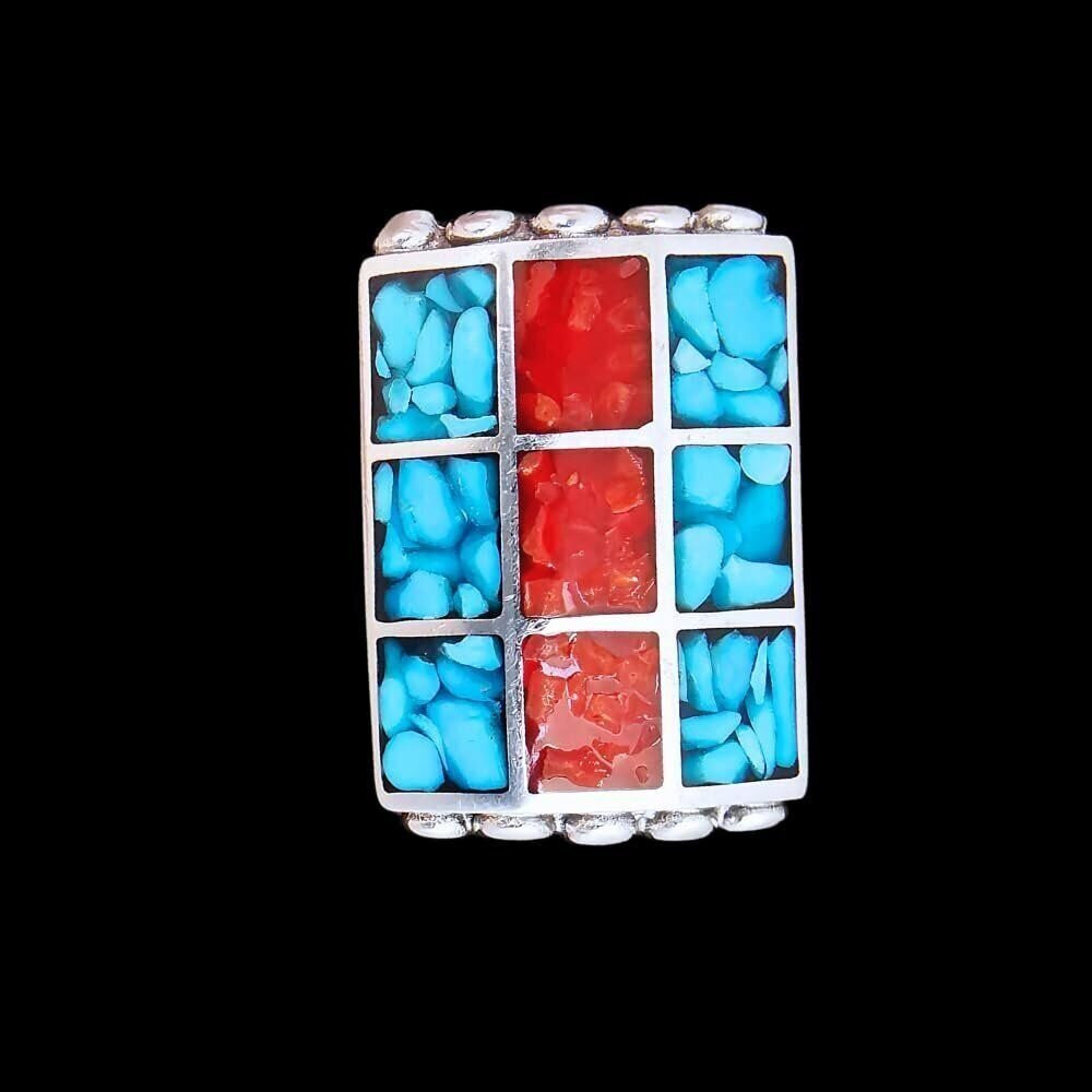 Size 7.5-925 Sterling Silver Turquoise Resin Rectangle Ring, Engraved Fan...