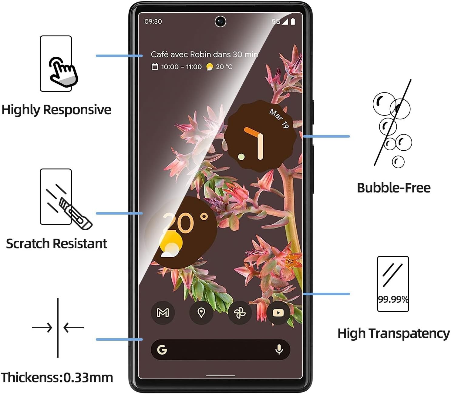 6-Pack For Google Pixel 6 Pro 2021 Tempered Glass Screen Protector Camera Cover