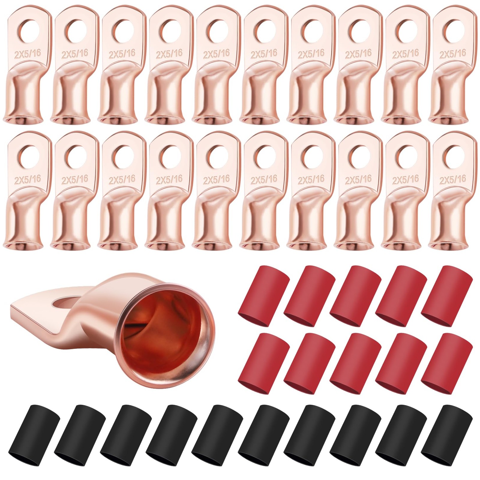 XHF 20PCS 2 AWG-5/16 Heavy Duty Battery Lugs With 31 Heat Shrink Tubing, Ring...