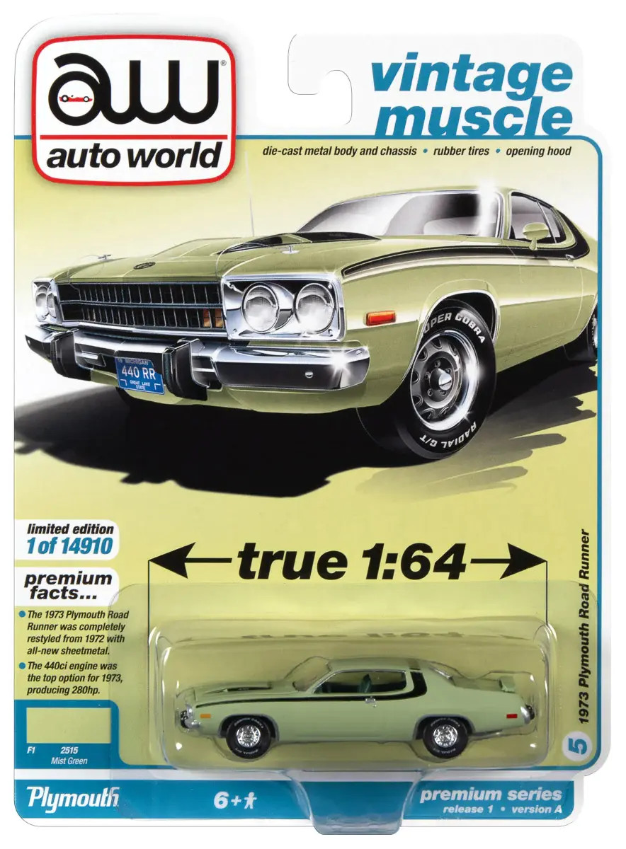 AWSP096A Auto World 1973 Plymouth Road Runner Mist Green w/Black Side & Roof Str