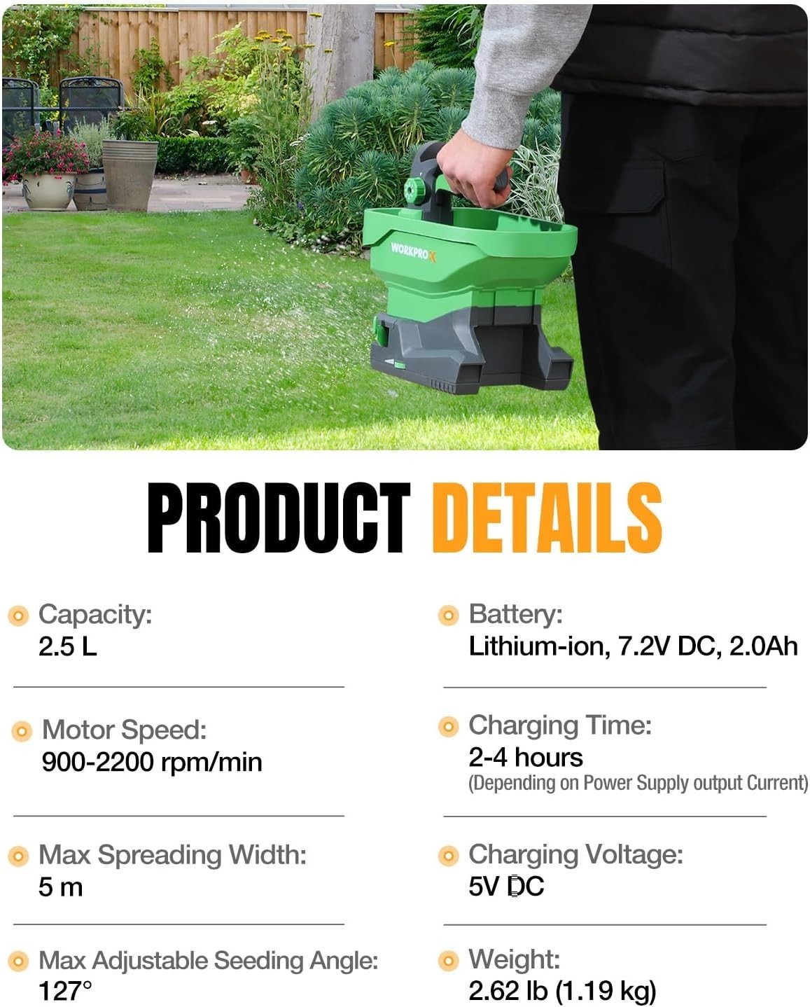 Battery Powered Fertilizer Spreader, 7.2V Seed Spreader for Salt, De-Icer