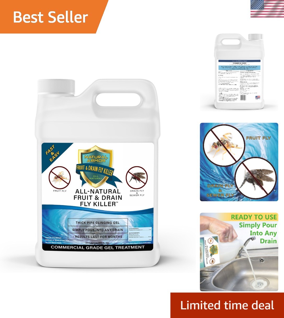 Fast-Acting 1 Gallon Fruit Fly & Drain Fly Killer - Non-Toxic Gel Treatment