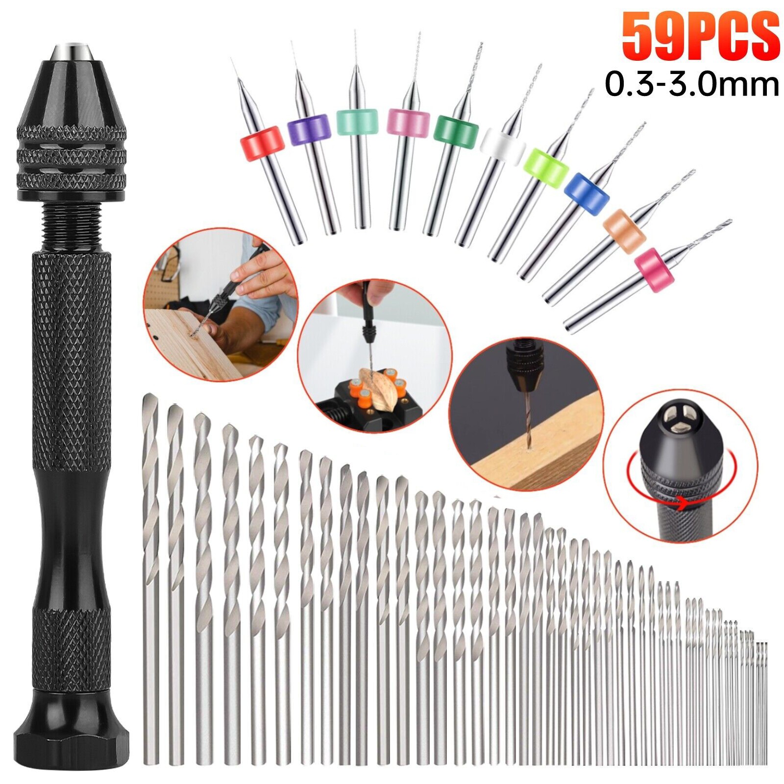 59x Precision Mini Micro Hand Twist Drill Bits Pin Vise Set Rotary Tools DIY Kit