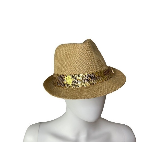 Fedora Hat Sequin Band Tan 100% Jute Fiber Party Dressy Costume One Size