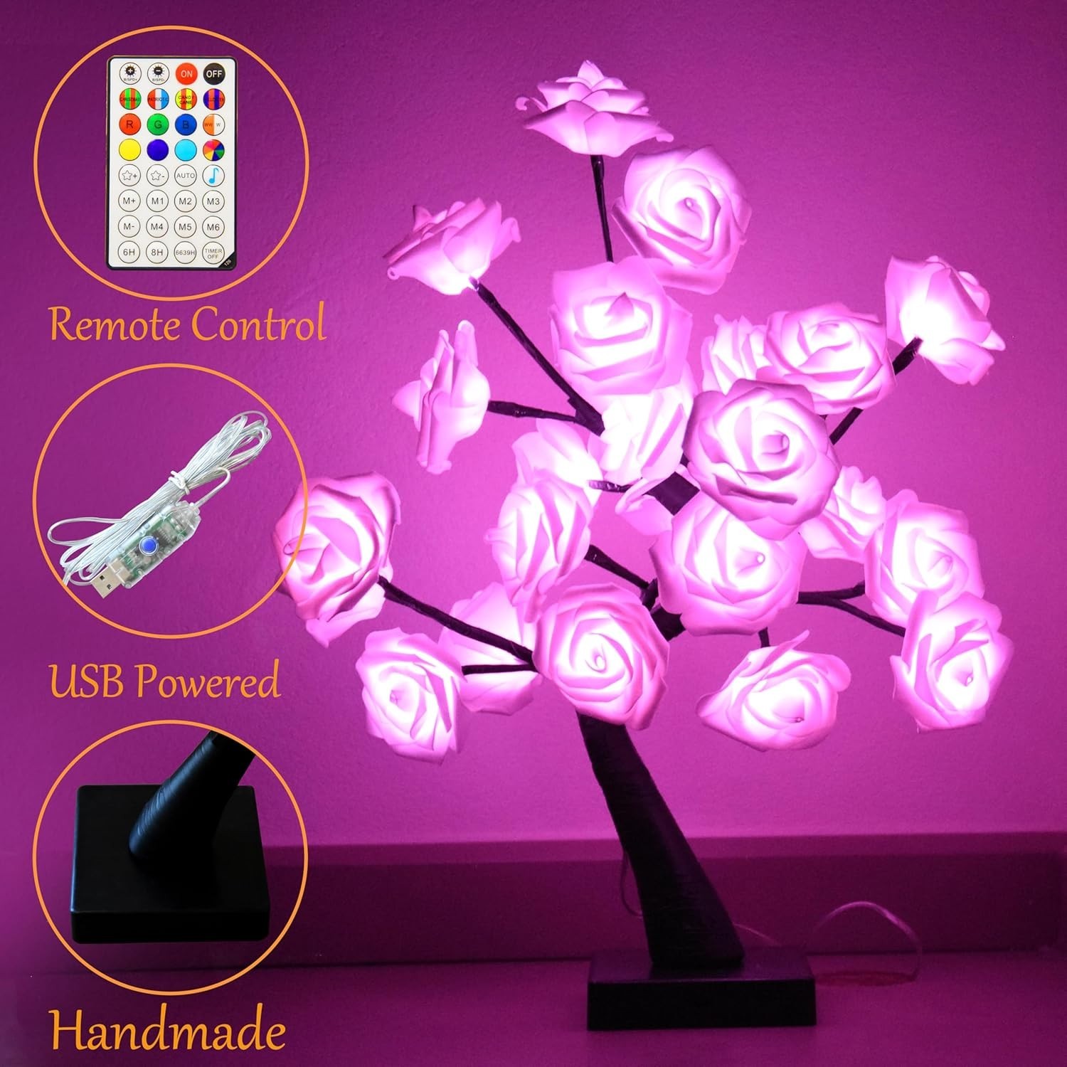 24 LED Rose Tree Lamp,Color Changing Artificial Rose Lamp with Remote,USB..