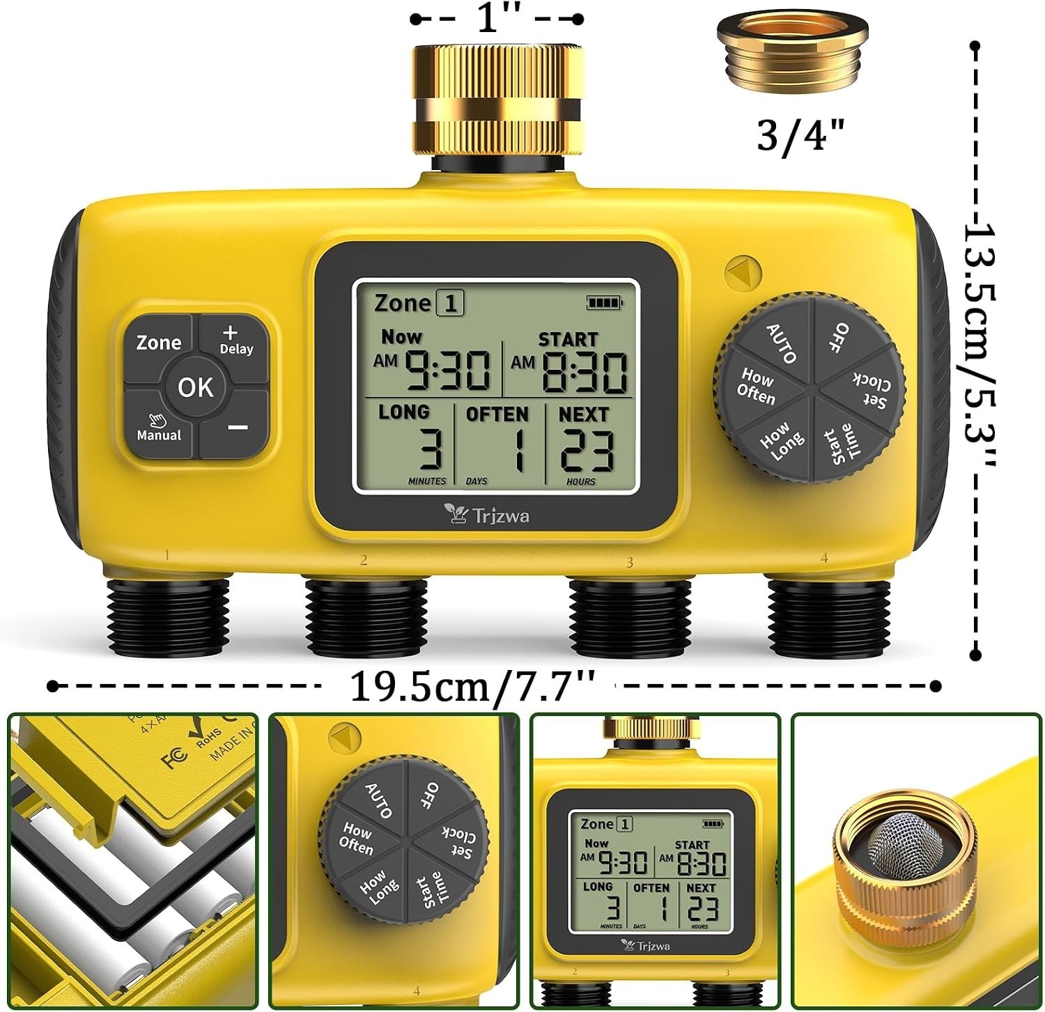 4-Zone Programmable Digital Smart Water Timer w/ Brass Inlet, Rain Delay, Anti-R
