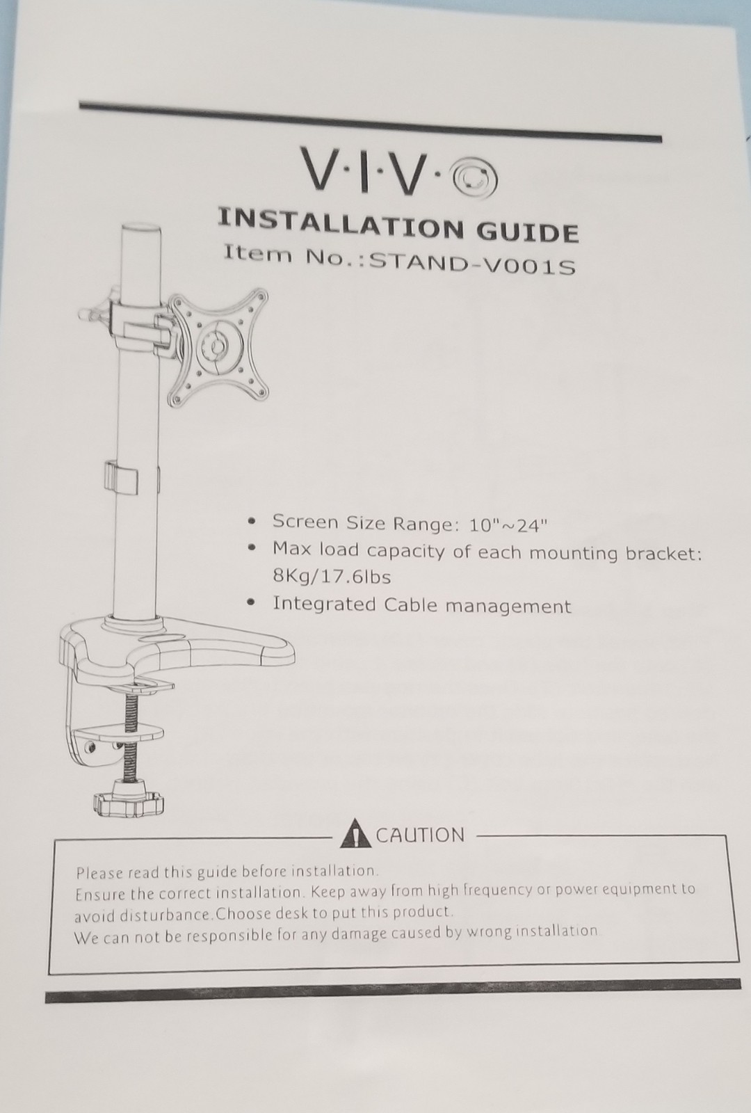 VIVO stand-V001S single monitor desk mount 10" -24"