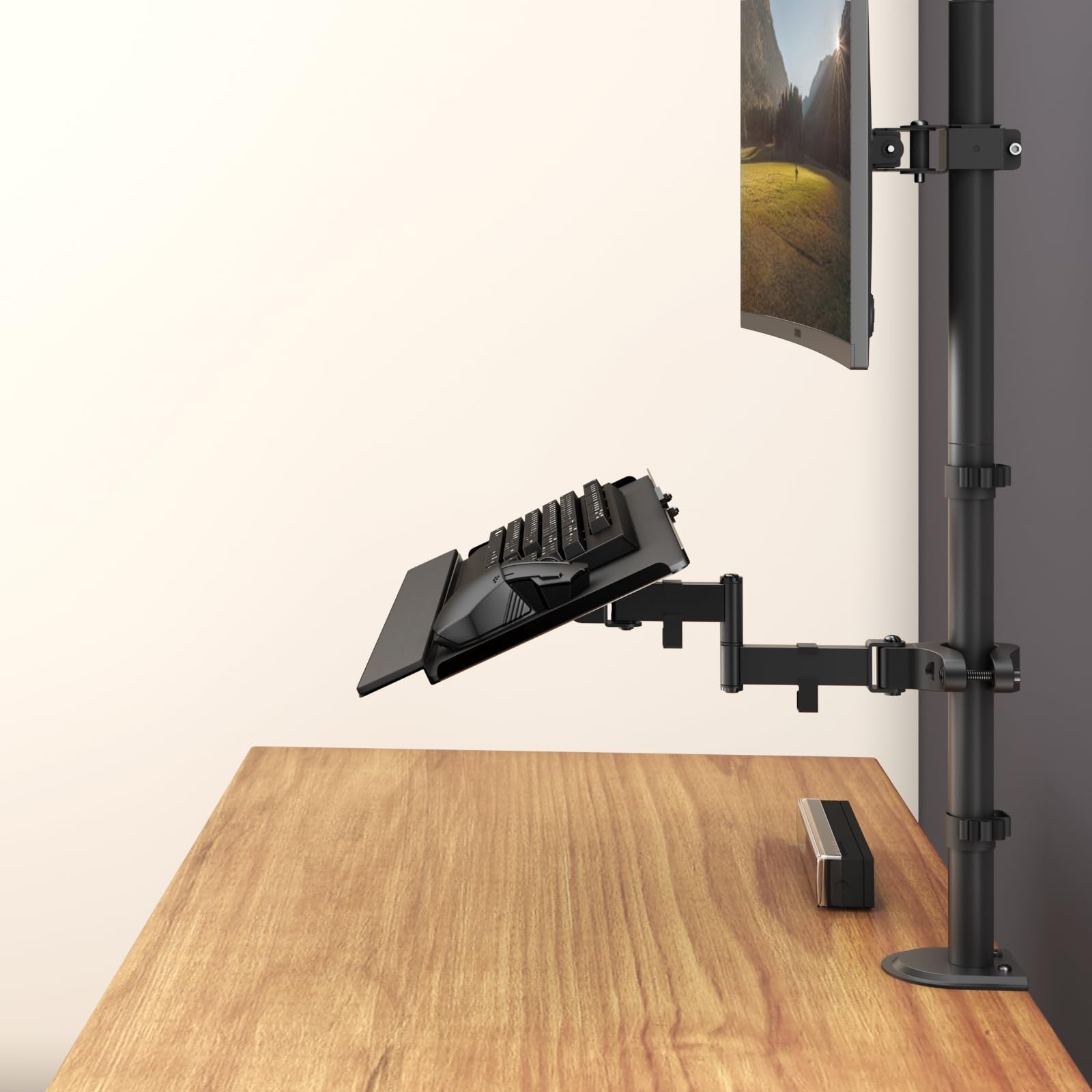 Keyboard Mouse Tray Pole Mount Adjustable Tilt Rotation Holder Bracket Black
