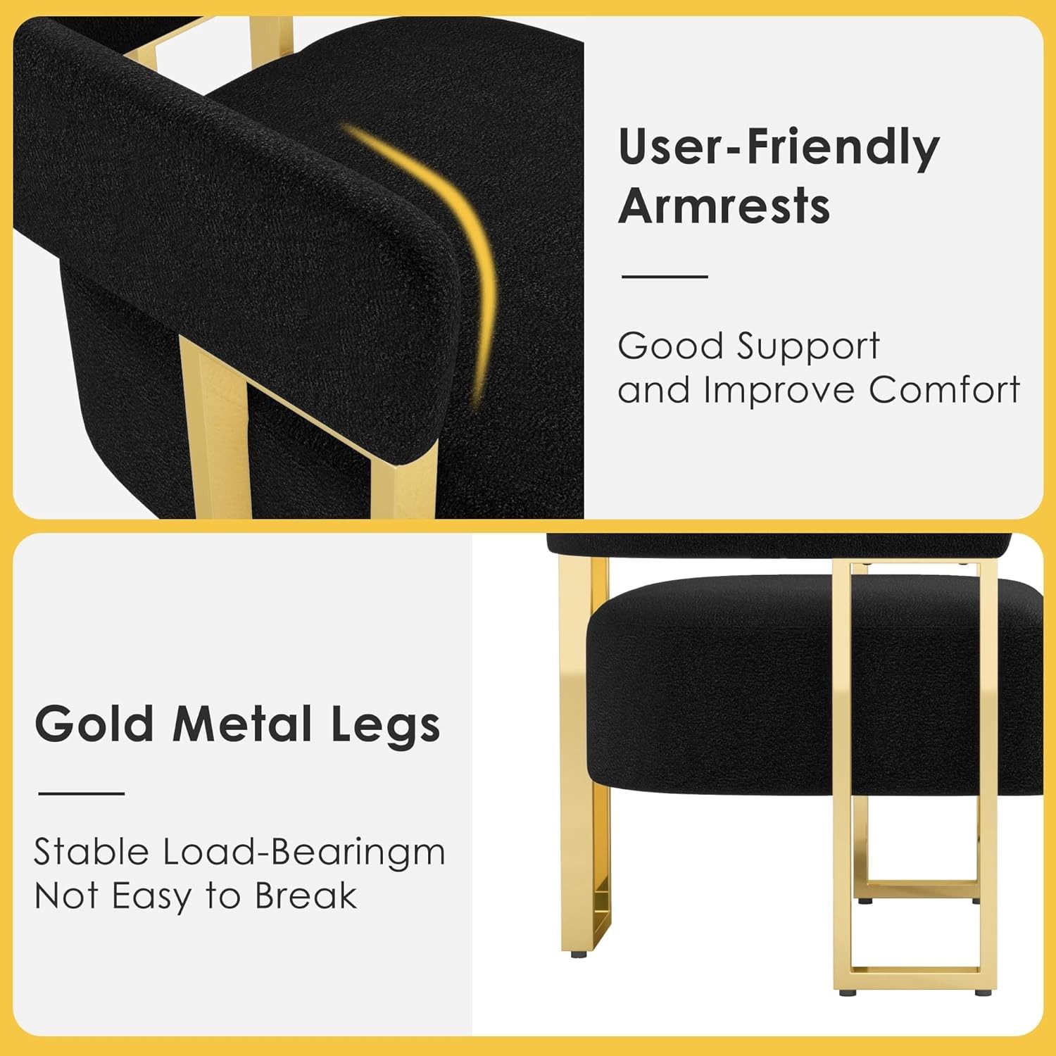 Modern Black and Gold Accent Chair Set of 2 Boucle Bucket Arm Chairs Bedroom
