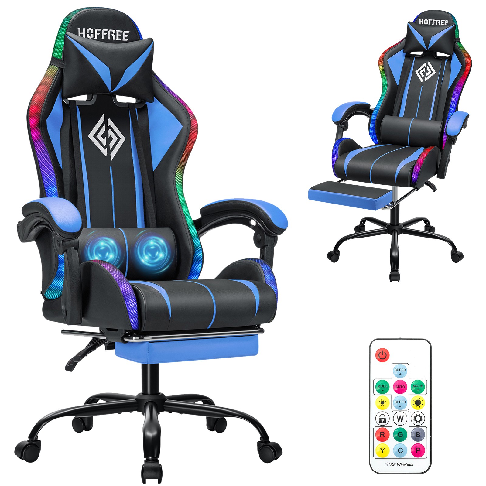 RGB Gaming Chair Massage LED Reclining Ergonomic w/Footrest Lumbar Support US
