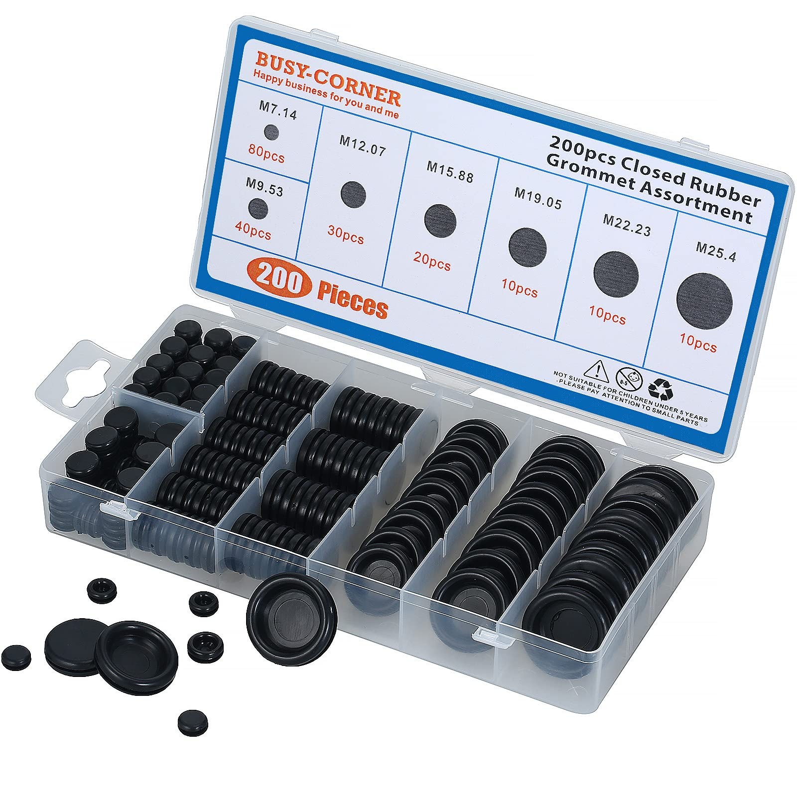200 PCS 7 Sizes Rubber Grommet 200PCS Closed Kit, Black