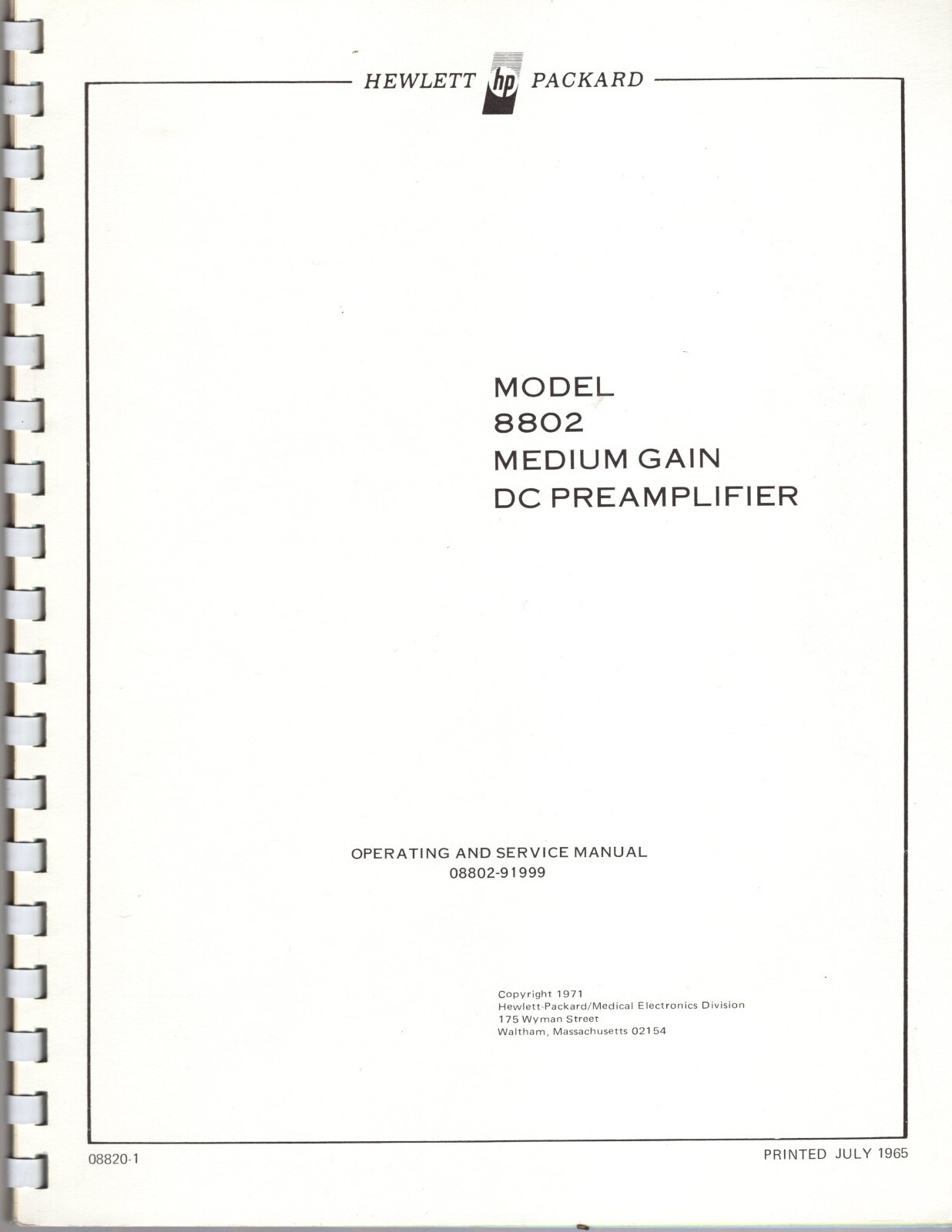 Orig Hewlett Packard 8802A Medium Gain DC Preamplifier Operating Service Manual