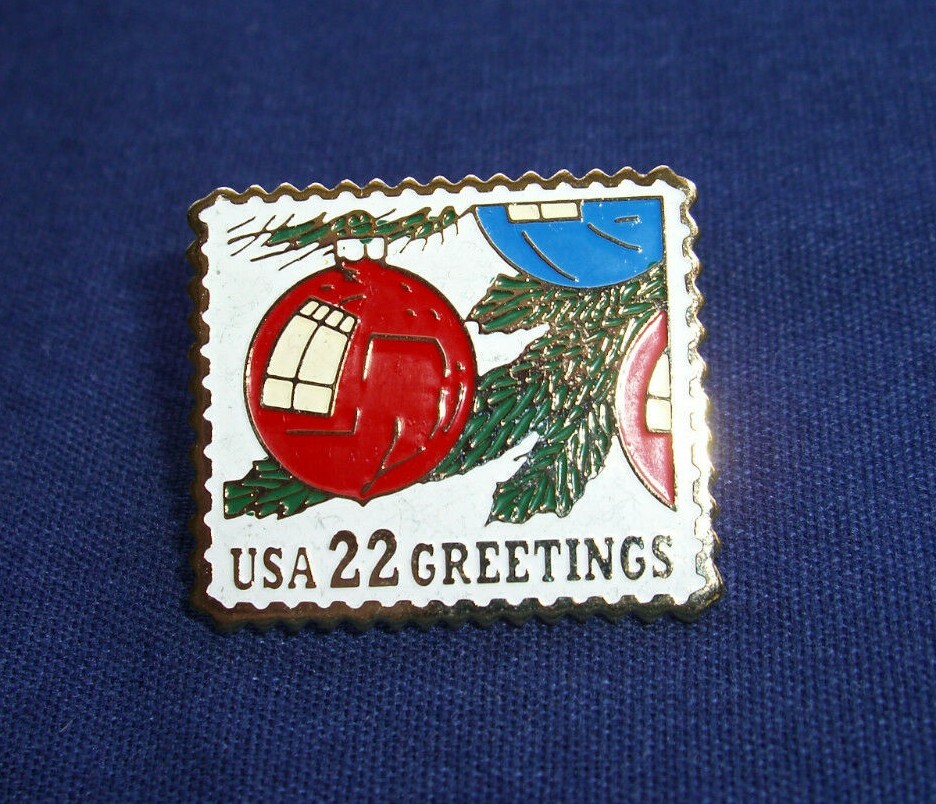 Christmas Stamp pin with tree decorations, 1987, pin/button, 1" x 7/8"