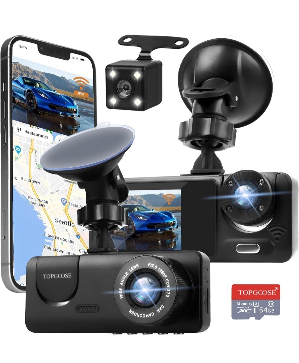 3 Channel Dash Cam WiFi FHD 1080P Car Camera 64GB TF Card,Front  &Rear Camera