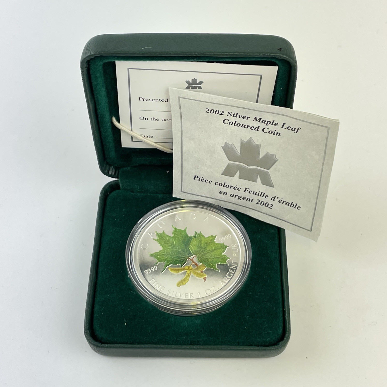 Canada Silver Maple Leaf Coloured Coin 2002 Proof Coin Boxed & COA