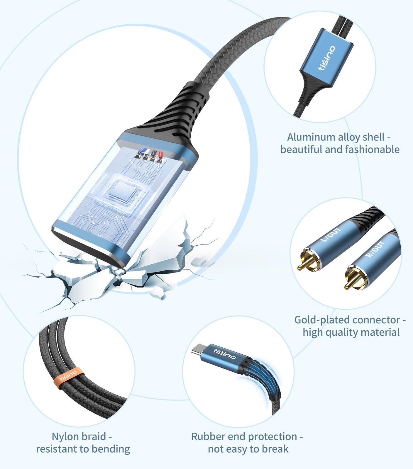 Tisino USB C to RCA Audio Cable - 3.3FT, 32bit/384kHz 1m-3.3feet, smoggy blue