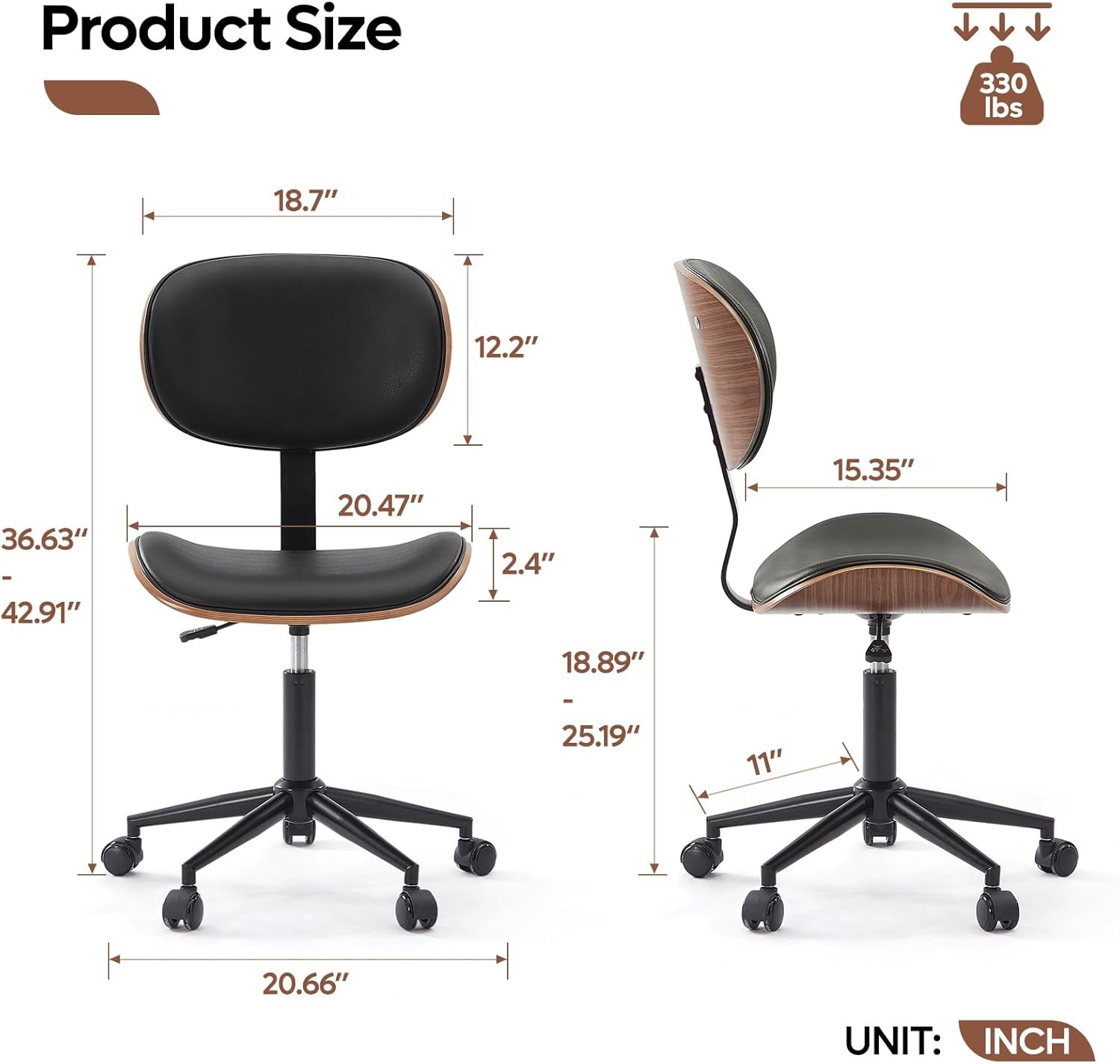 Small Office Chair W/ Bentwood Back Support Armless Desk Chair W/ 360° Swivel