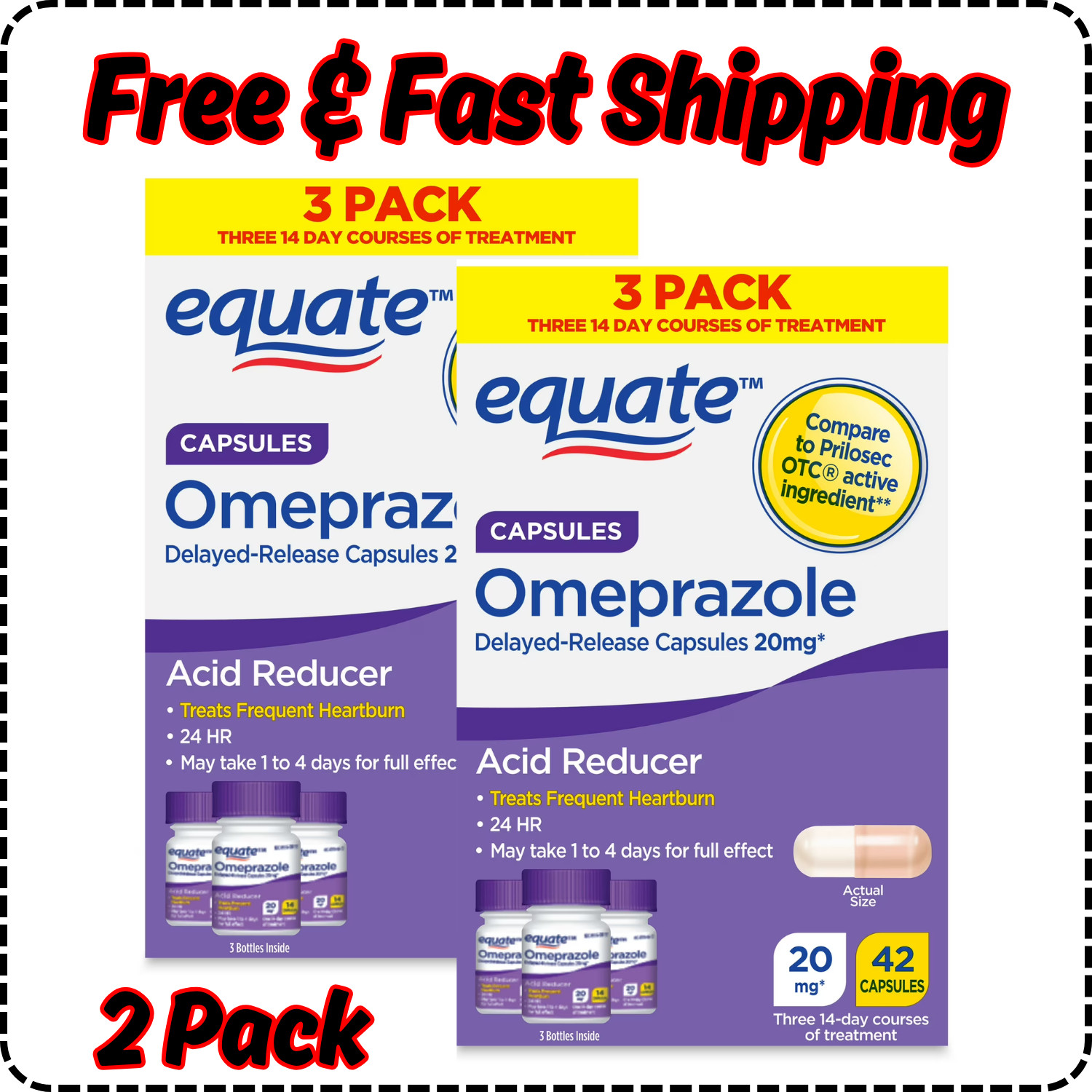 (2 Pack) Equate Omeprazole 20mg Delayed Release Acid Reducer Tablets 42 Tablets