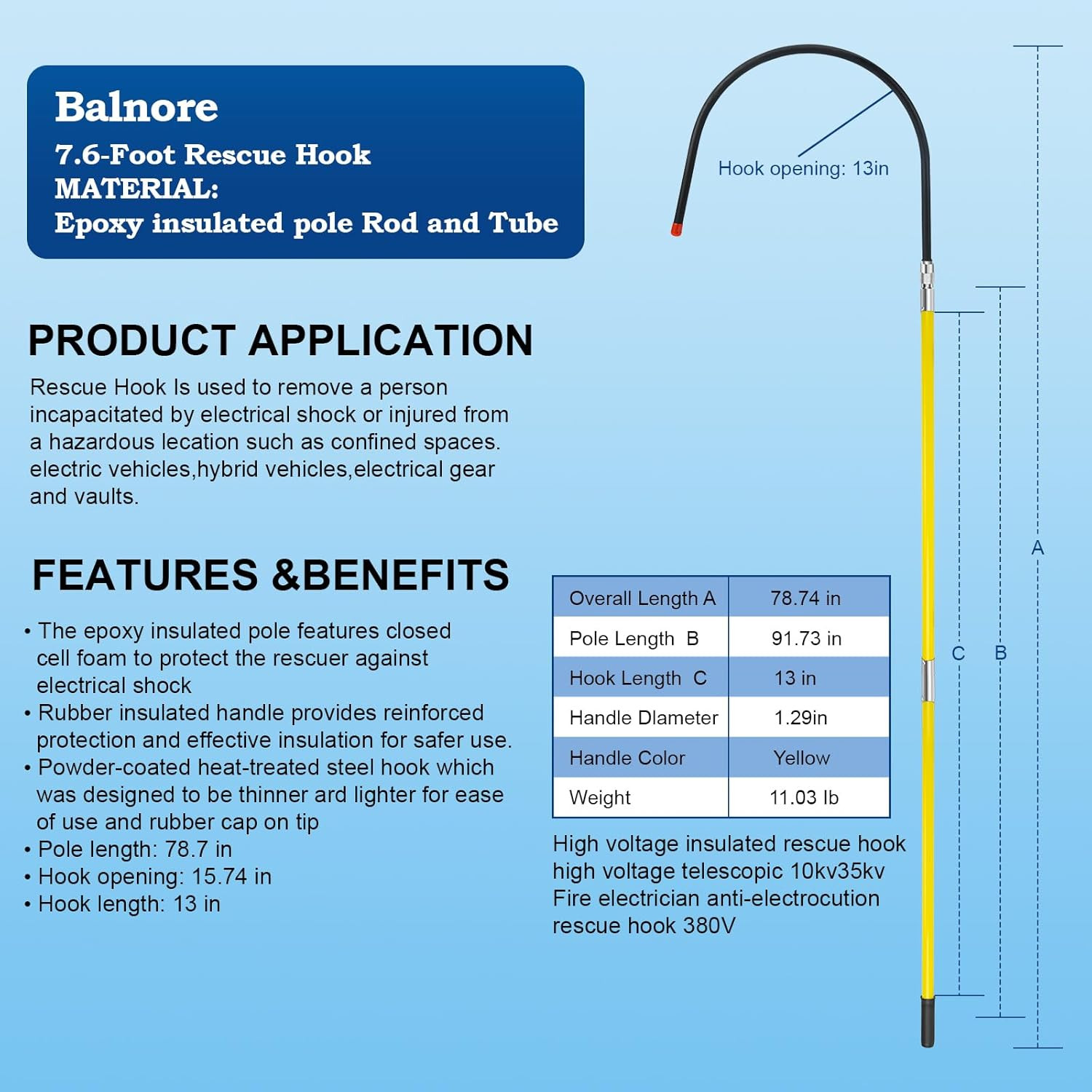 High Voltage Insulated Rescue Hook, 7.6ft Telescopic, Anti-Electrocution
