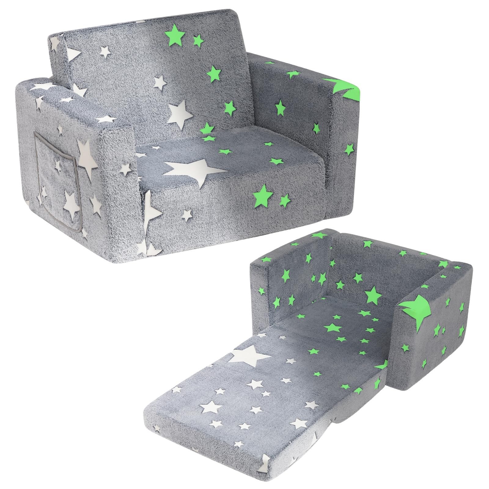2-in-1 Fold Out Couch, Comfy Convertible Sofa to Lounger, Glow-in-The-Dark St...