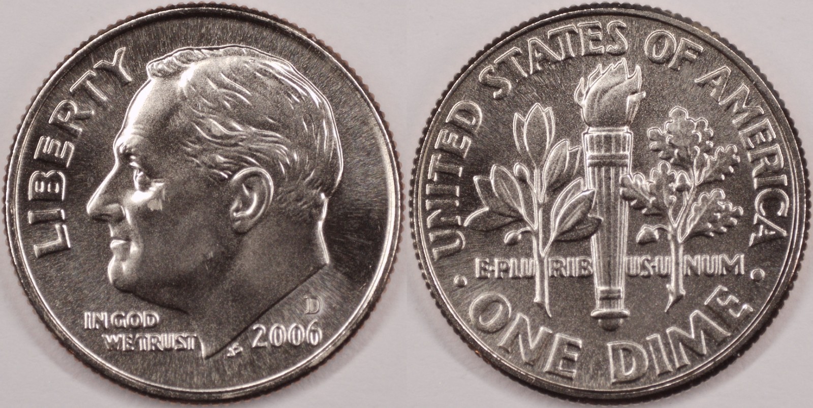 United States 2006 D 10 Cents Roosevelt Dime KM#195a Clad Torch Olive Oak Branch