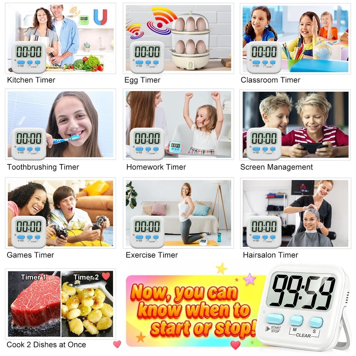 Antonki Digital Timer 2 Pack for Kids Classroom Kitchen Cooking