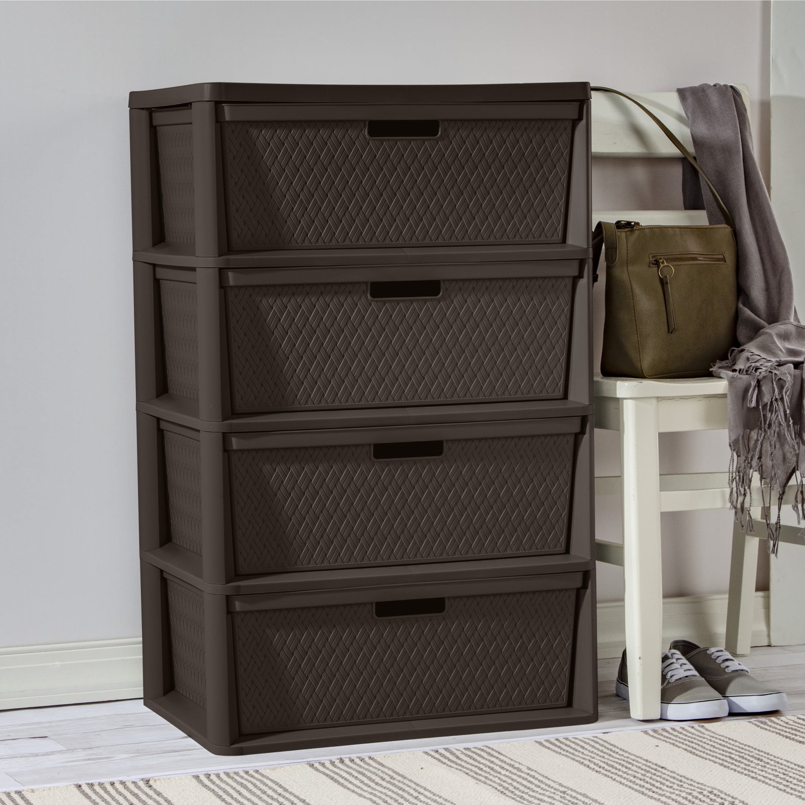 Wide 4 Drawer Tower Easy to Assemble W/ Removable Decorative Cross-Weave Plastic