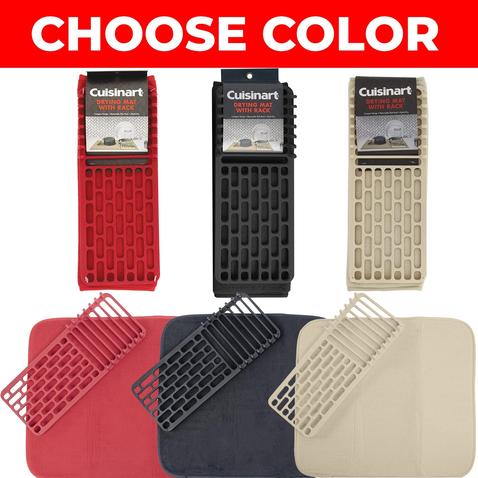 Cuisinart Dish Microfiber Drying Mat with Dish Rack 18x16 Choose Red Black Biege