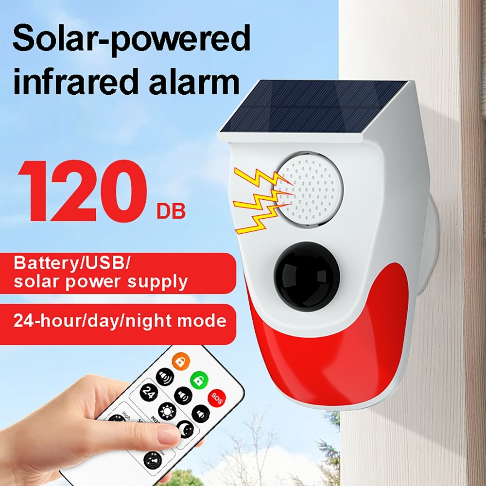 Sound&Light Infrared Alarm Solar Wireless Home Security Siren W/Remote Control