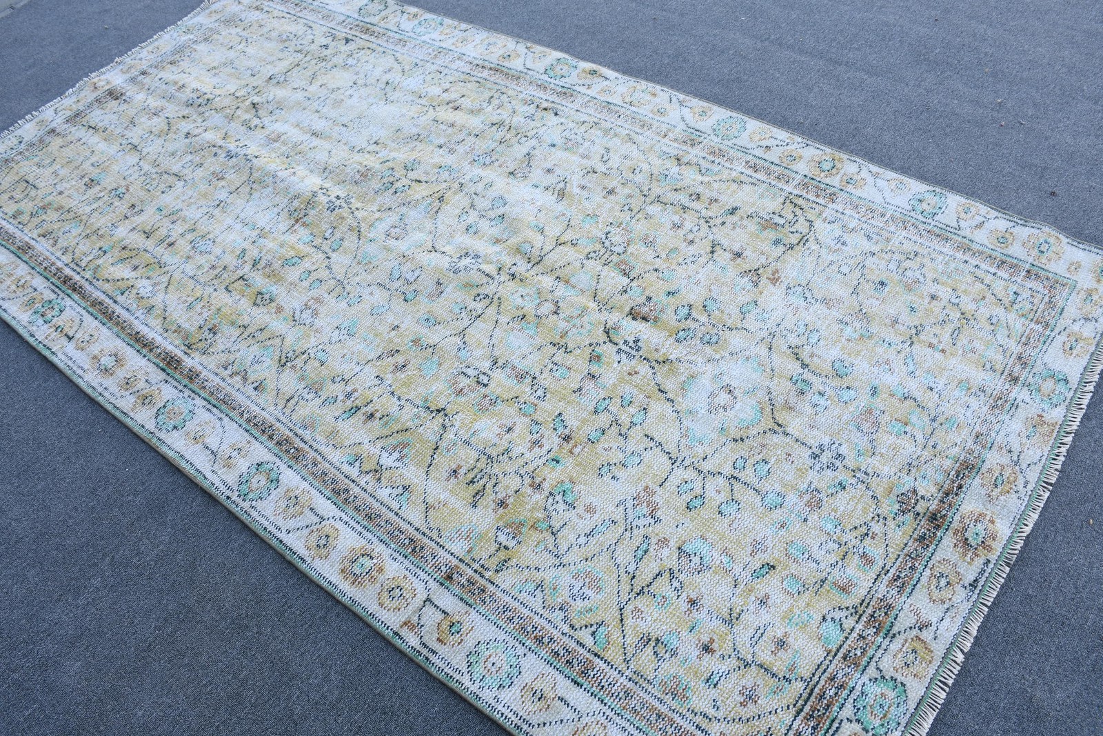Vintage Rug 4,8x8,8 ft, White Blue Abstract Wool Turkish Rug