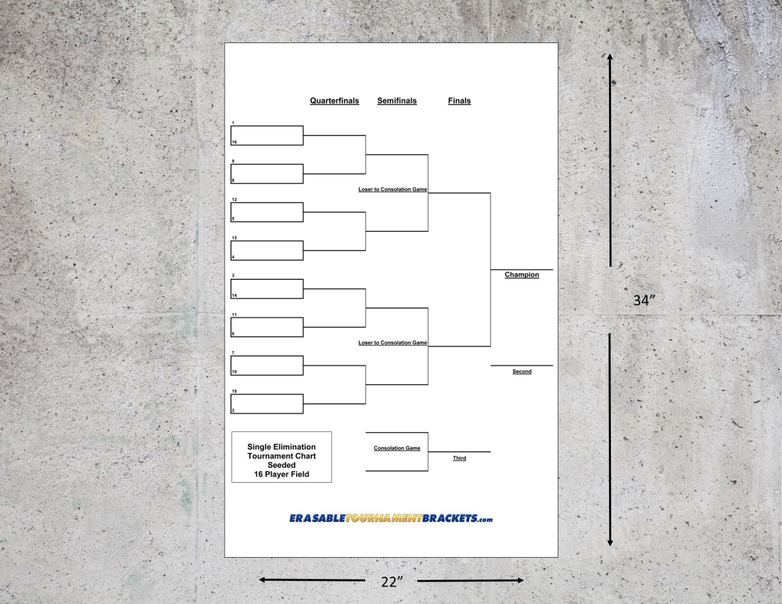 16 PLAYER SINGLE ELIMINATION TOURNAMENT BRACKET CHART - SEEDED + PEN - 22 x 34