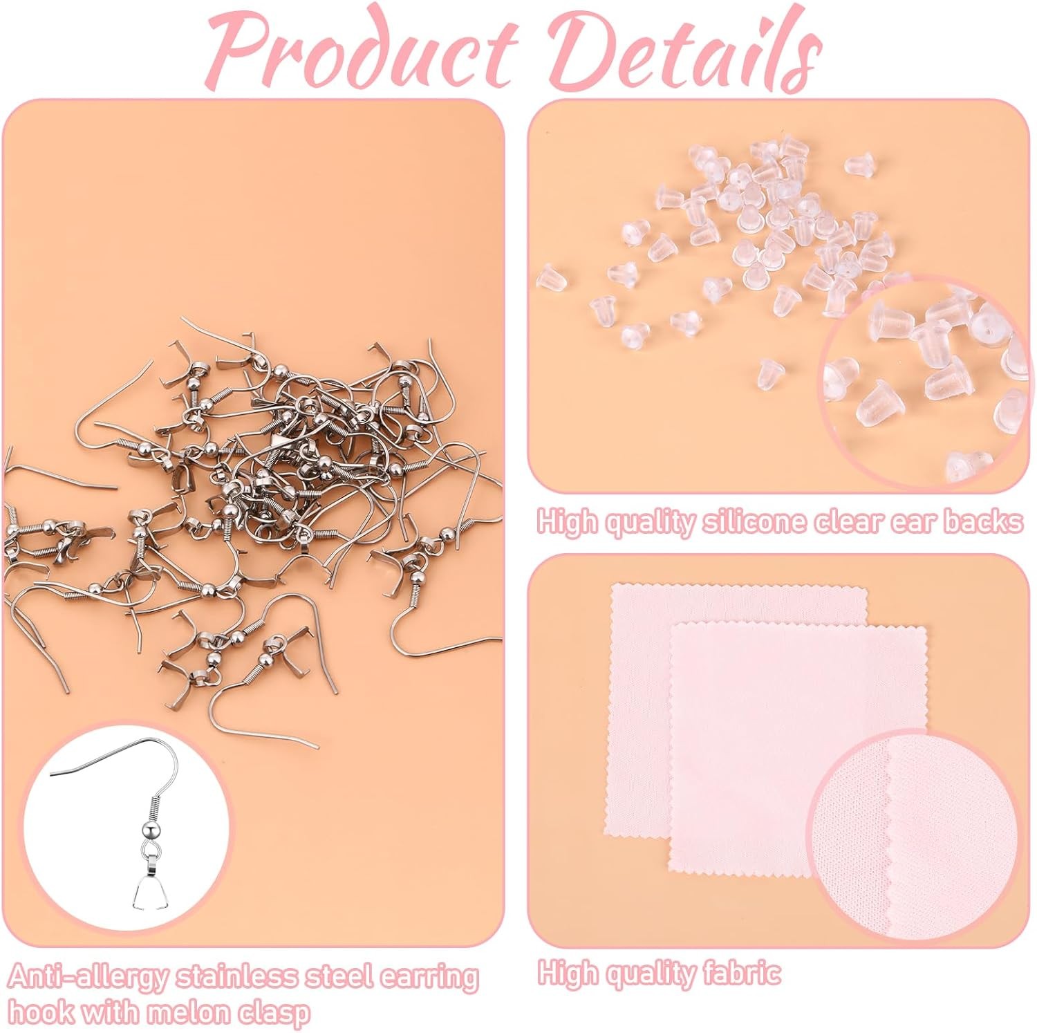 100Pcs Stainless Steel Earring Hooks with Silicone Backs & Polishing Cloth Set