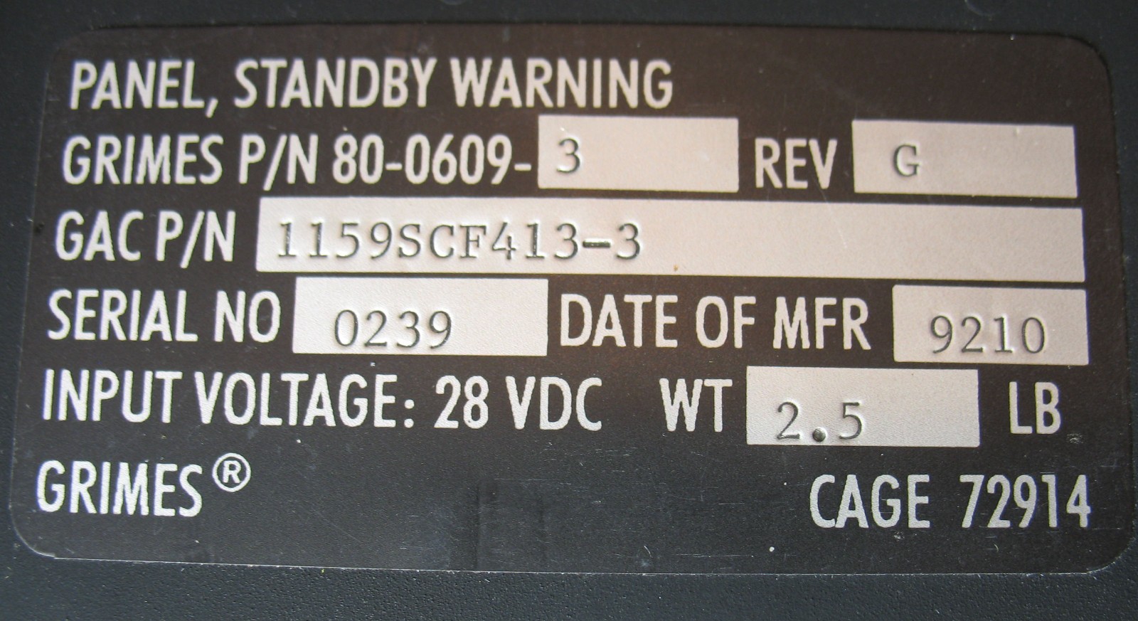 Gulfstream Standby Warning Panel p/n 1159SCF413-3 with 8130