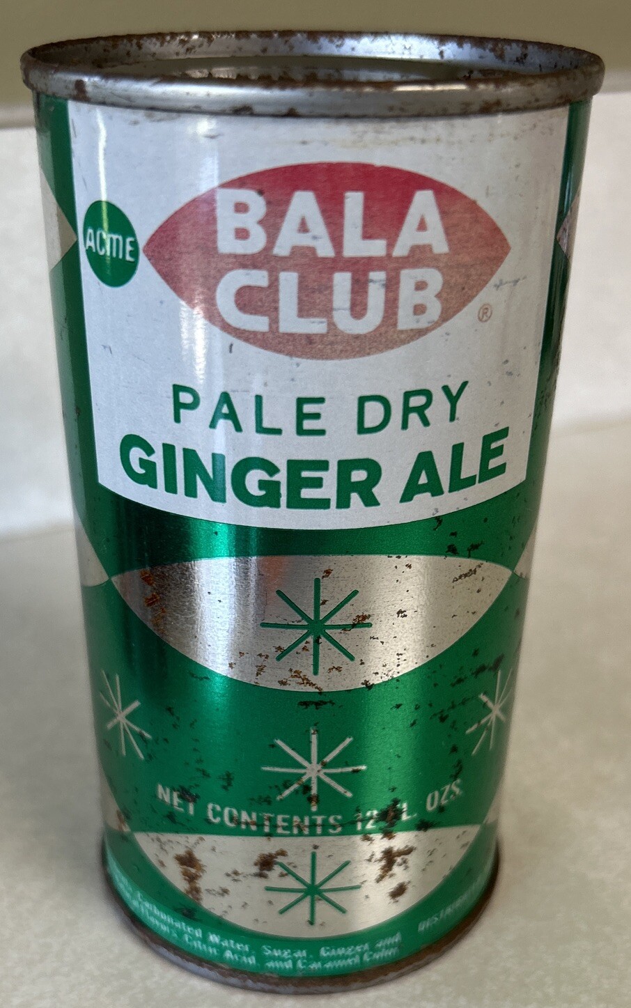 Vintage ACME BALA CLUB PALE DRY GINGER ALE 12 Oz. Steel Flat Top Empty Can