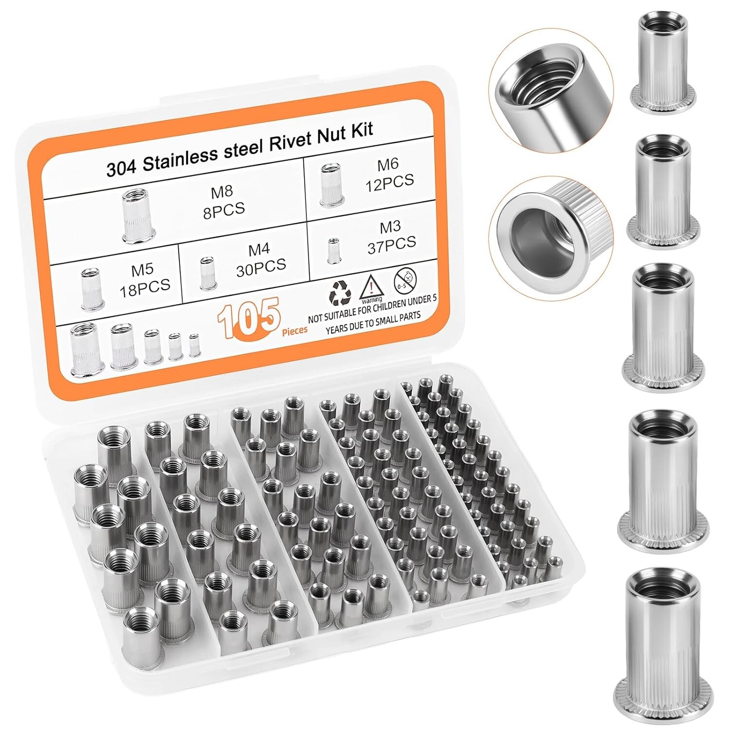 150PCS Metric Rivet Nut Assortment Kit Stainless Steel SAE M3-M8 Flat UNC Head