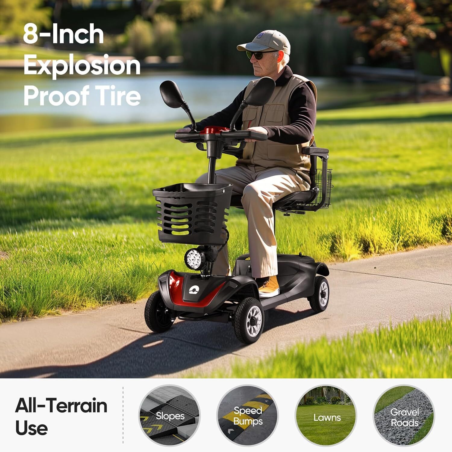 Pro 4 Wheels Mobility Scooter 12.4miles All Terrain LED Headlights Two Baskets