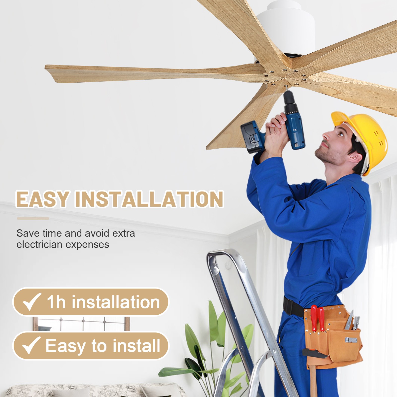 52" Solid Wood Flush Mount Ceiling Fan with Remote & Silent DC Motor Reversible