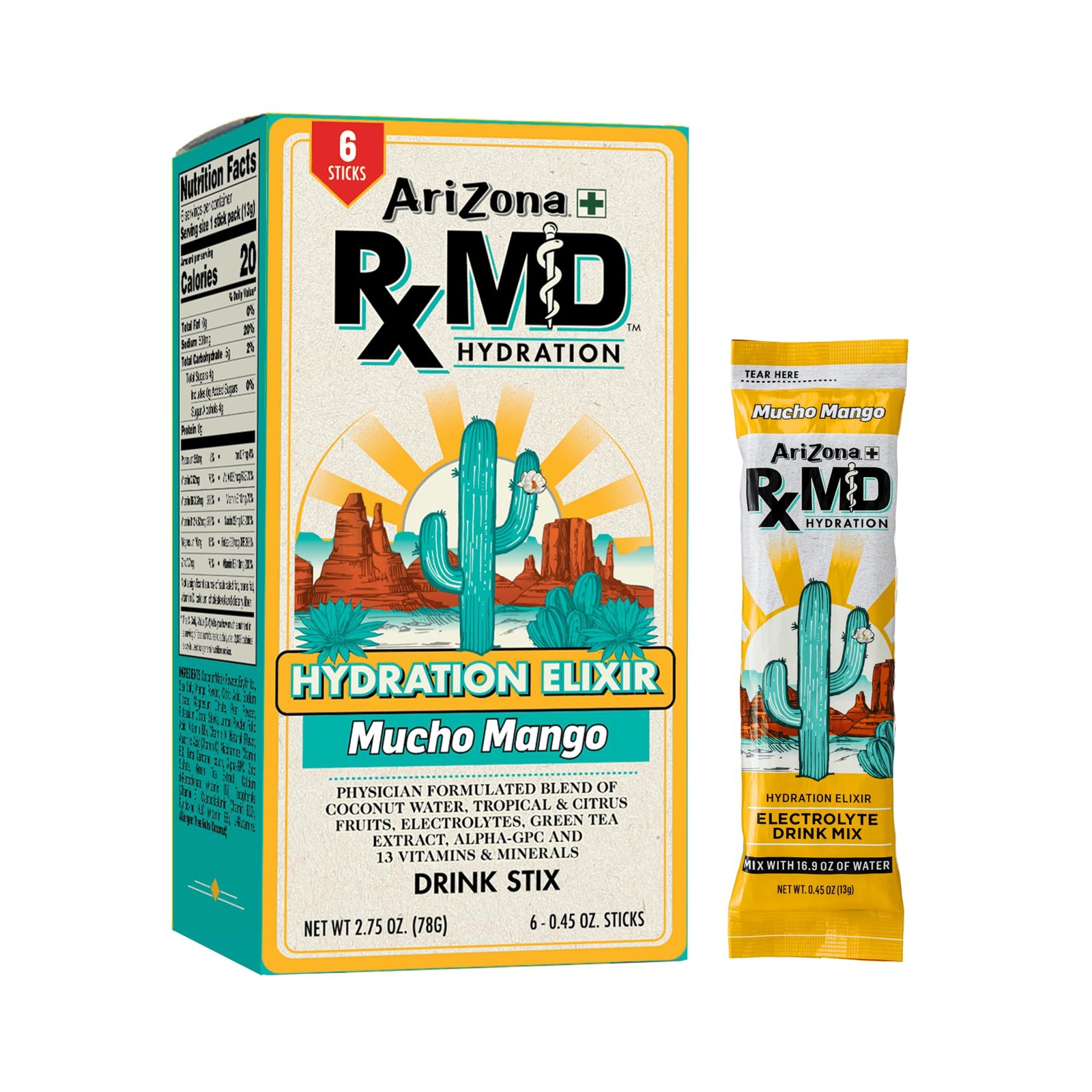 Arizona Rx MD Hydration Mucho Mango - Drink 0.45 Ounce (Pack of 6), Orange