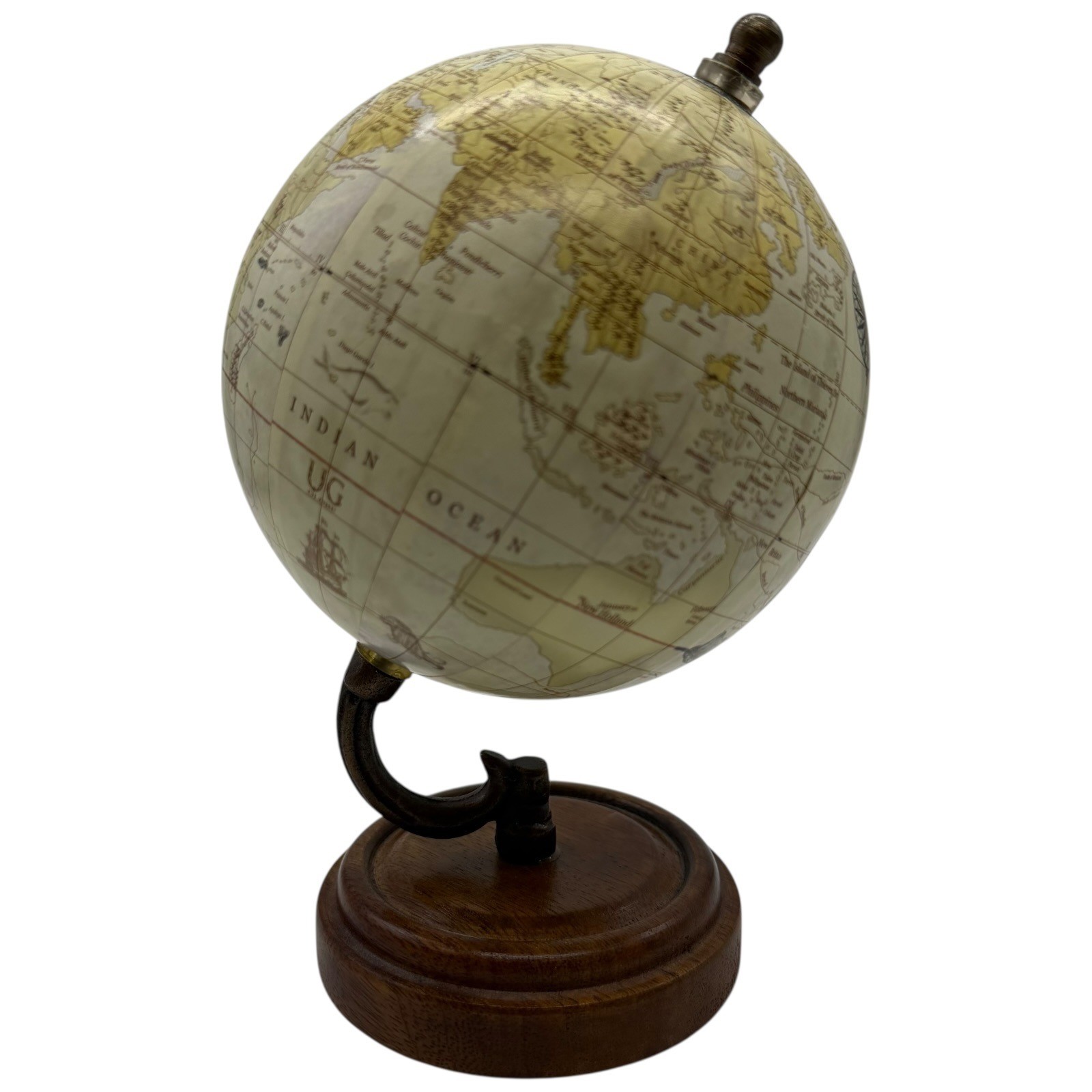 Vintage Style Decorative World Globe Wood Base Higgins India Ink Graphic 8in