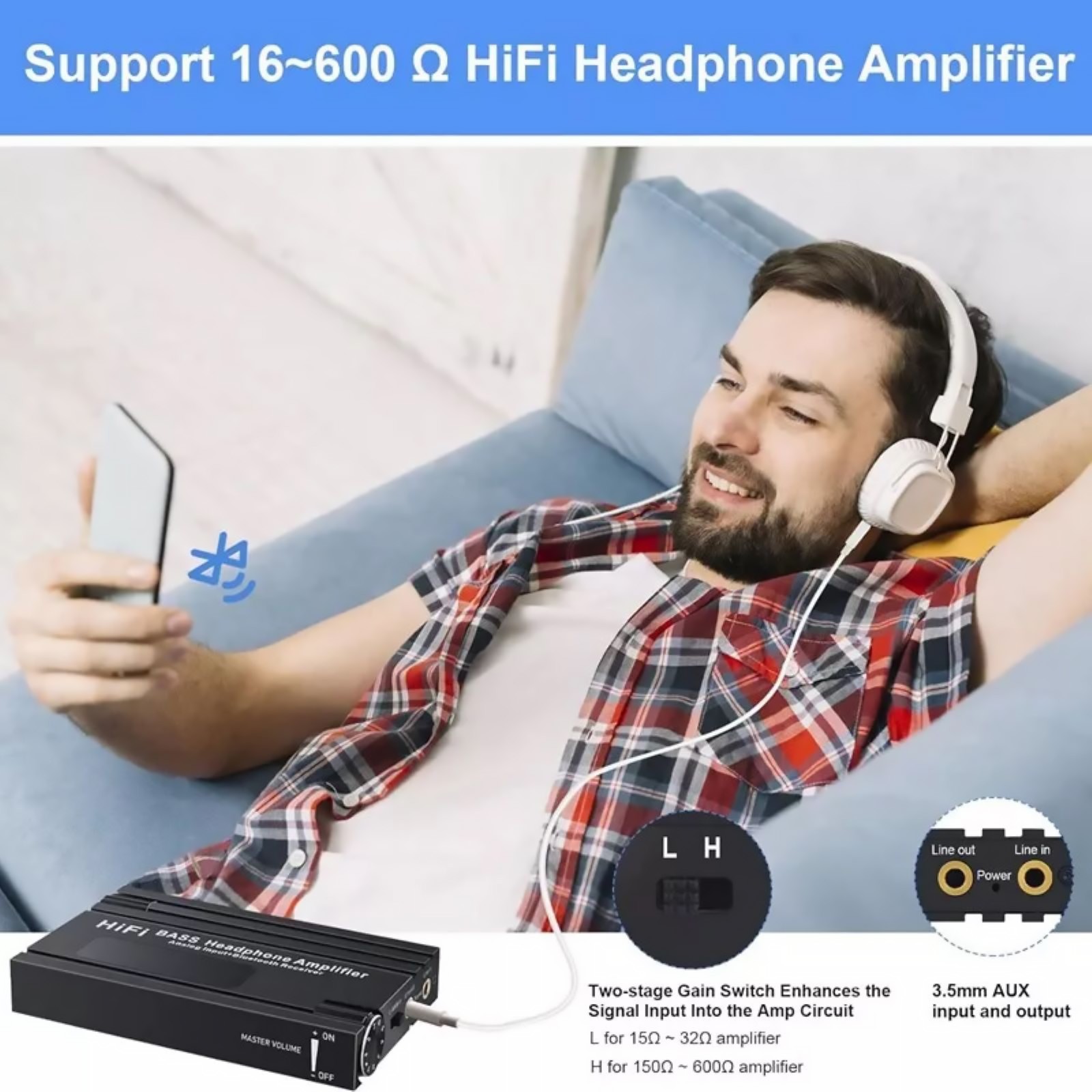 HiFi Headphone Amplifier 3.5mm with Bluetooth 5.0 Receiver - Portable 16-600Ω