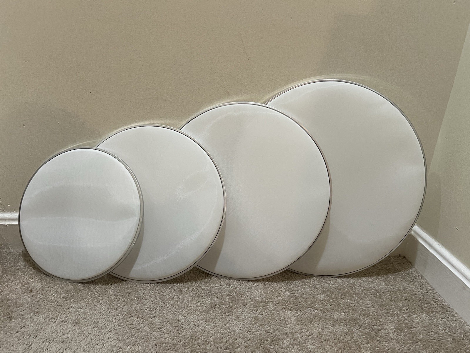 Set of (4) blank 3-ply mesh drum heads 10” 12” 14” 16”