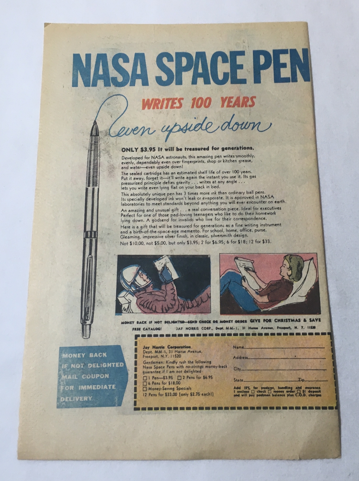 1969 ad page ~ NASA SPACE PEN ~ Writes 100 Years, Even Upside Down