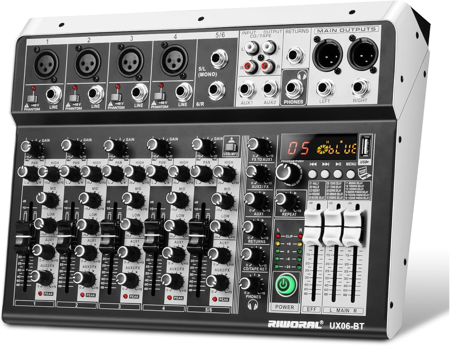 6 Channel Audio Interface Sound Board Mixing Console 16-Bit DSP DJ Mixer Audio