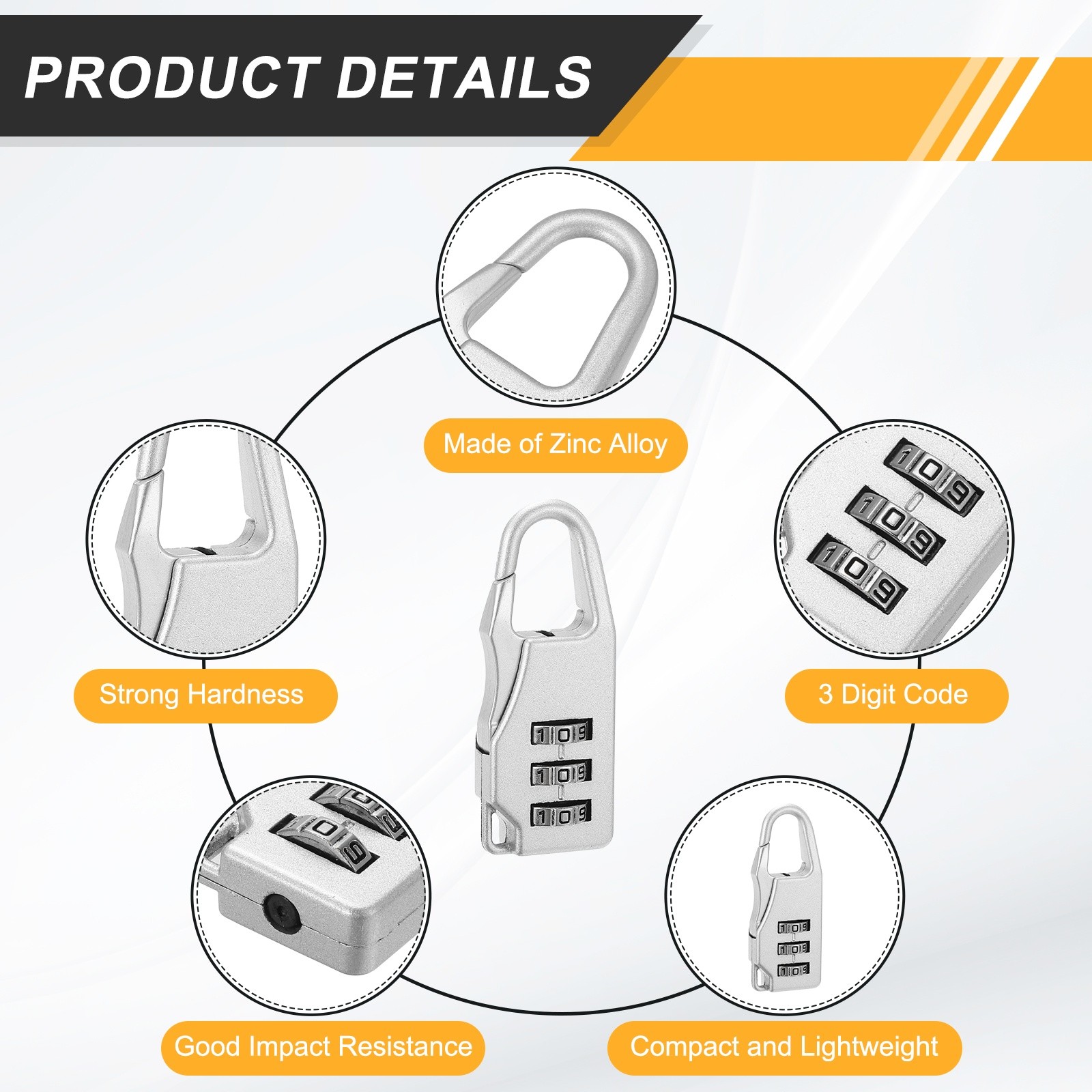 3Pcs Resettable 3 Digit Combination Lock Code Padlock, Silver (55 x 21mm)