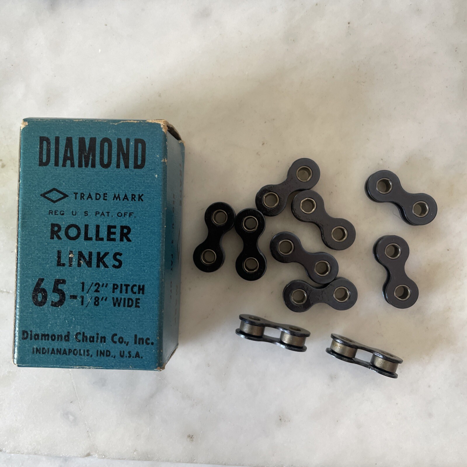 Vintage New-Old-Stock Ten (10) DIAMOND CHAIN #65 Roller Links 1/2" x 1/8".  (NJ)