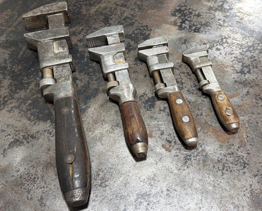 4 Pc Antique Wooden Handle Pipe / Monkey Wrench (dated 1896!) Collection