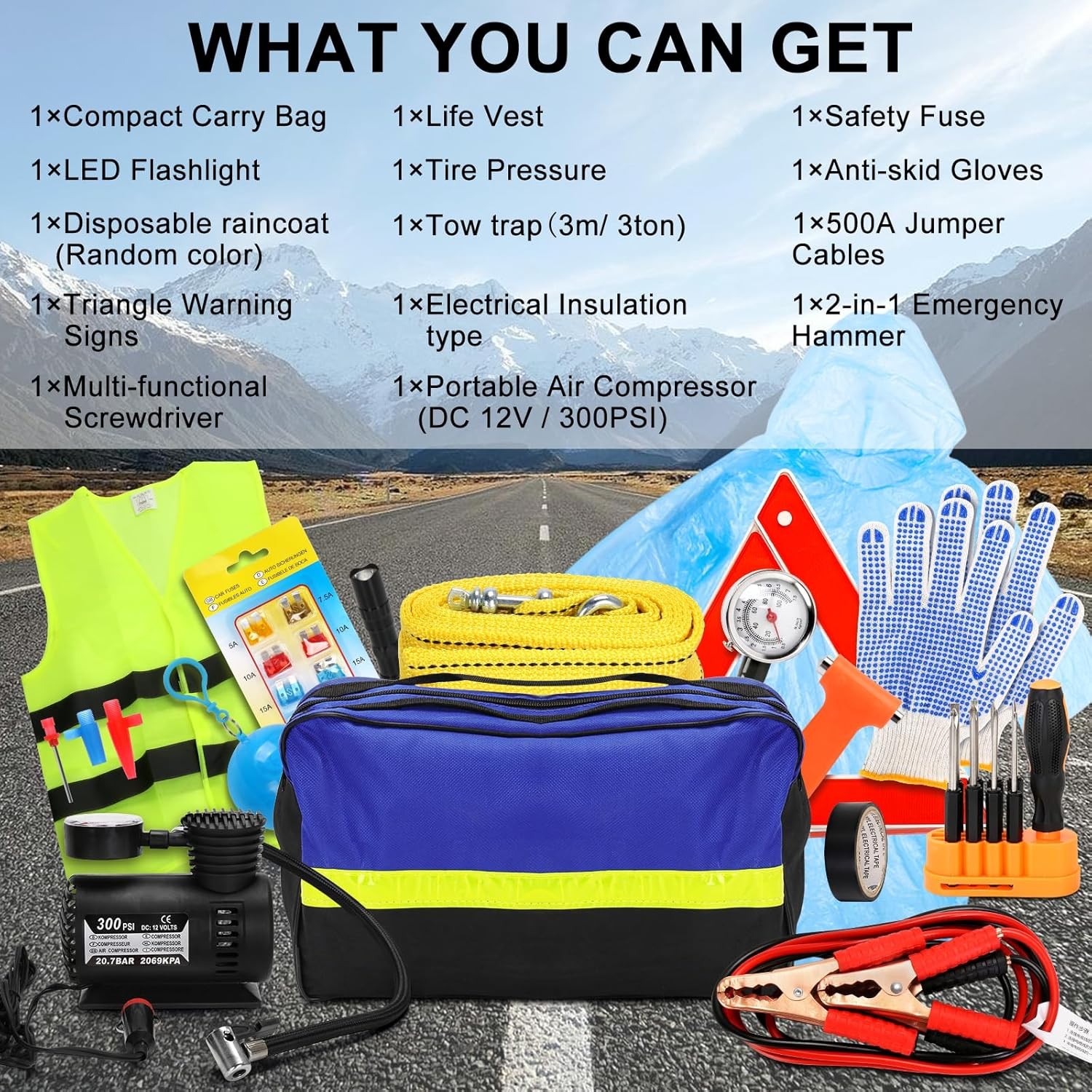 Car Safety Kit, 14-Piece Roadside Emergency Tool Kit