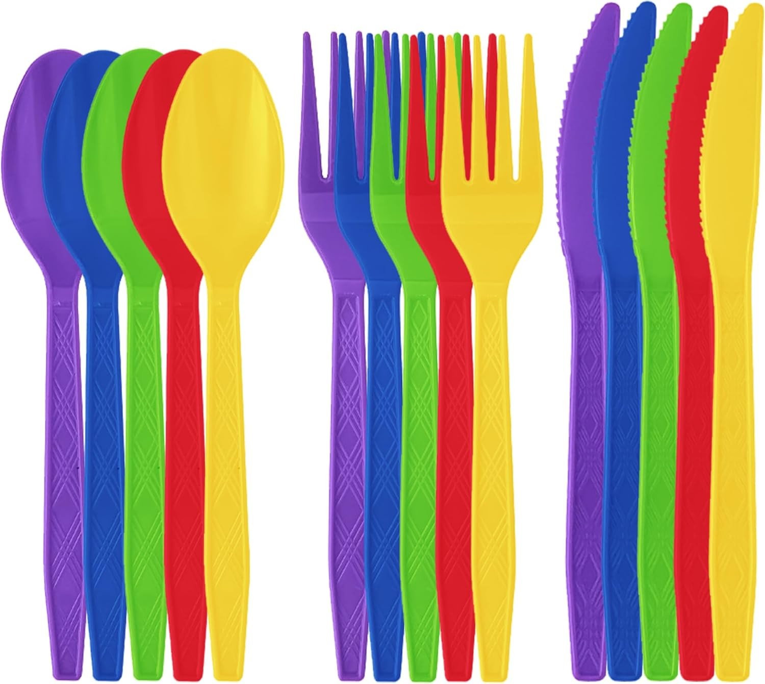 Disposable Rainbow Plastic Sierware Set | Neon Cutlery, Fork, Knife And