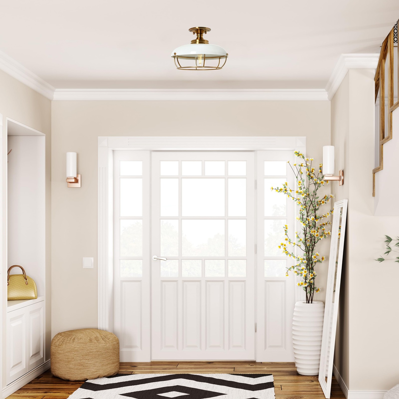 Robert Stevenson Lighting - Presley Caged Dome Metal Brushed Brass and White